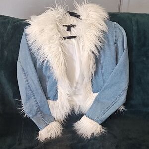 Forever 21 Blue and White Plush Fur Jean Jacket